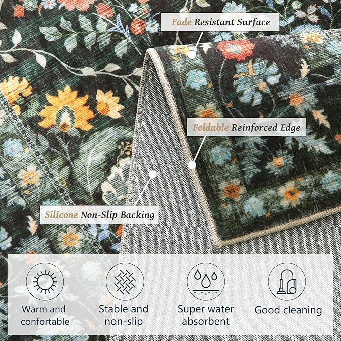 Vintage Botanical Dark Green Area Rug 5x7 Elegant Floral Pattern, Durable Stain-Resistant Fabric, Perfect for Living Room, Bedroom, Dining Room Decor