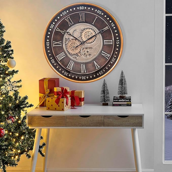 CLXEAST 24 Inch Wall Clock with Moving Gears,Oversized Large Industrial Steampunk Clock, Antique Gold Metal Roman Numeral Wall Clocks for Farmhouse Living Room Decor,Valentines Day Gifts