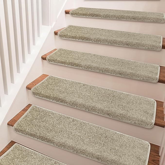 PURE ERA Bullnose Carpet Stair Treads Set Tape Free Non-Slip Indoor Stair Protectors Pet Friendly Rugs Covers Soft Skid Resistant Washable Reusable 9.5" x 30"(2 Pieces,Cream Gray)