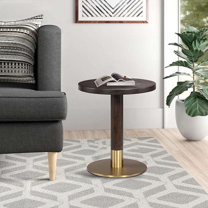 Carlotta Side Table, Patterned Wood Top, 304 Stainless Steel Base, Plated Satin Brass, Commercial Grade Quality (18'' D x 20'' H)