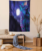 Ambesonne Moon Tapestry, Northern Imagery Aurora Borealis Wolf Forest Starry Night, Fabric Wall Hanging Decor for Bedroom Living Room Dorm, 23" X 28", Magenta Indigo