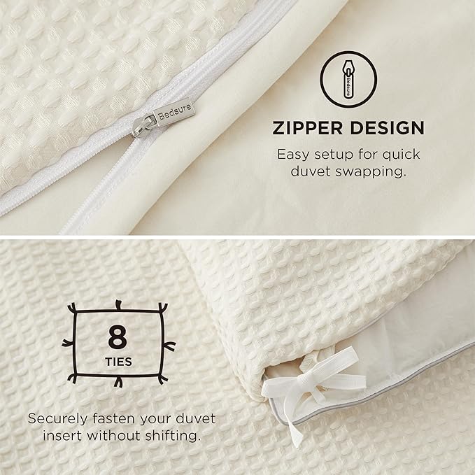 Bedsure Luxury Waffle Duvet Cover King Size - Textured Duvet Cover Set, Soft, Breathable Bedding Set (104"x90") with 2 Pillow Shams for All Season, Irovy White, Comforter Not Included