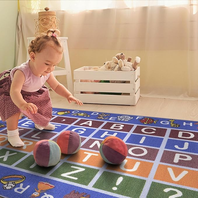 Ottomanson 3'3" x 5' Alphabet Kids Rug - Educational ABC Play Mat for Playroom, Bedroom, Daycare & Classroom - Fun & Interactive Learning Carpet - Durable & Non-Slip for High-Traffic Areas, Blue