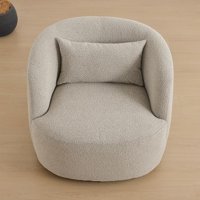 KINWELL 34" Wide Boucle Swivel Barrel Chair with 23" Ottoman Set, Fully Assembled Set of Sherpa Accent Chair and Footrest, Modern Comfy Armchair and Footstool for Living Room and Bedroom, Taupe