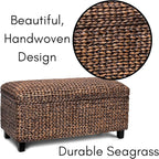 BIRDROCK HOME Abaca Storage Bench – Hand-Woven Wicker Entryway Bench w/Lift-Top Hidden Storage, Solid Wood Frame - Brown Wash