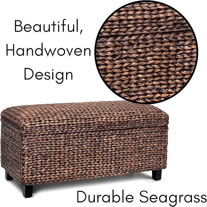 BIRDROCK HOME Abaca Storage Bench – Hand-Woven Wicker Entryway Bench w/Lift-Top Hidden Storage, Solid Wood Frame - Brown Wash