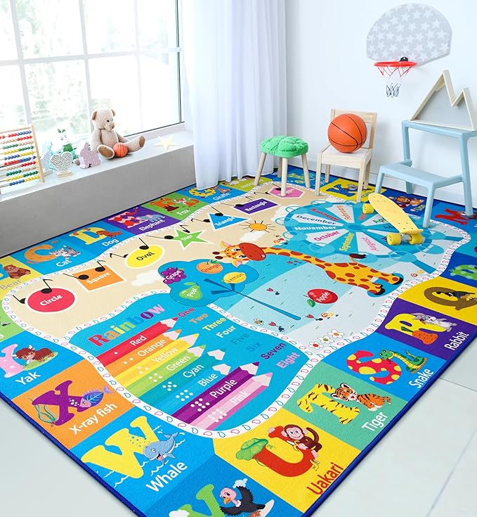 Chicrug Educational Kid Area Rug for Playroom, 9x12 Feet TPR Non Slip Kids Classroom Carpet Rug for Learning ABC Animal Shape Color Fruit, Washable Play Mat Rug for Children Nursery Toddler Room Decor
