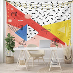 Ambesonne Abstract Tapestry, Modern Geometric Trippy Triangles Cubes Circles Rollers Dots Print, Wide Wall Hanging for Bedroom Living Room Dorm, 80" X 60", Coral Pink