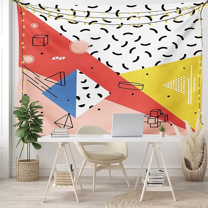 Ambesonne Abstract Tapestry, Modern Geometric Trippy Triangles Cubes Circles Rollers Dots Print, Wide Wall Hanging for Bedroom Living Room Dorm, 80" X 60", Coral Pink