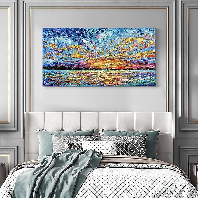 Limiyer Art Hand-painted Sea Sunrise landscape Modern Abstract Oil painting Large Canvas Art Hall Bedroom Office Wall Decoration 24x48 Inch