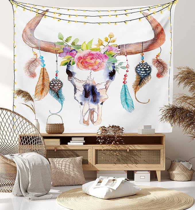 Ambesonne Feather Tapestry, Watercolor Style Bull Skull Ornaments Vibrant Image, Fabric Wall Hanging Decor for Bedroom Living Room Dorm, 28" X 23", White Brown