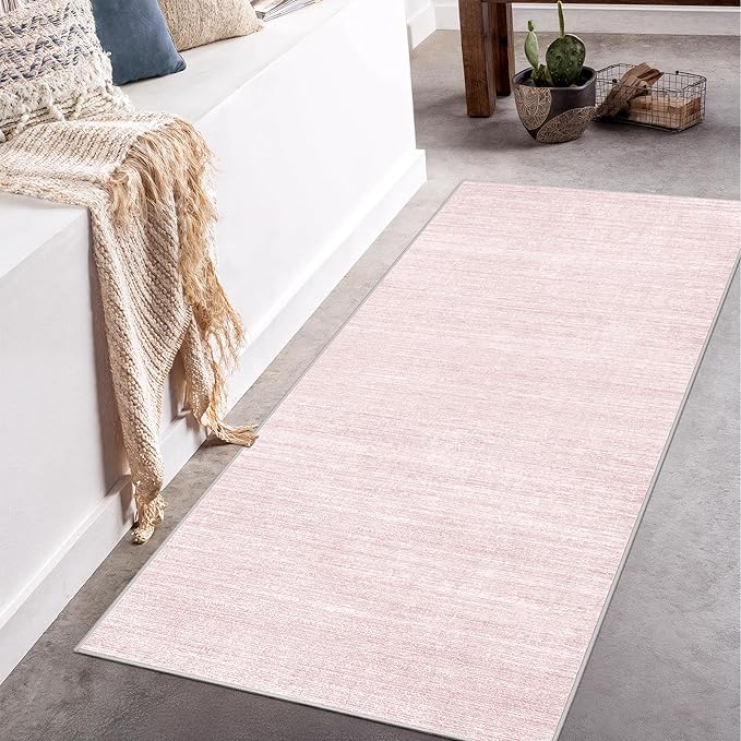 Art&Tuft Non-Slip Runner Rug - 2x8 Runner Rug Washable Low-Pile Rugs Runners, Soft Distressed Carpet Runner for Bedroom Bathroom Kitchen Laundry Living Room, Lightpink
