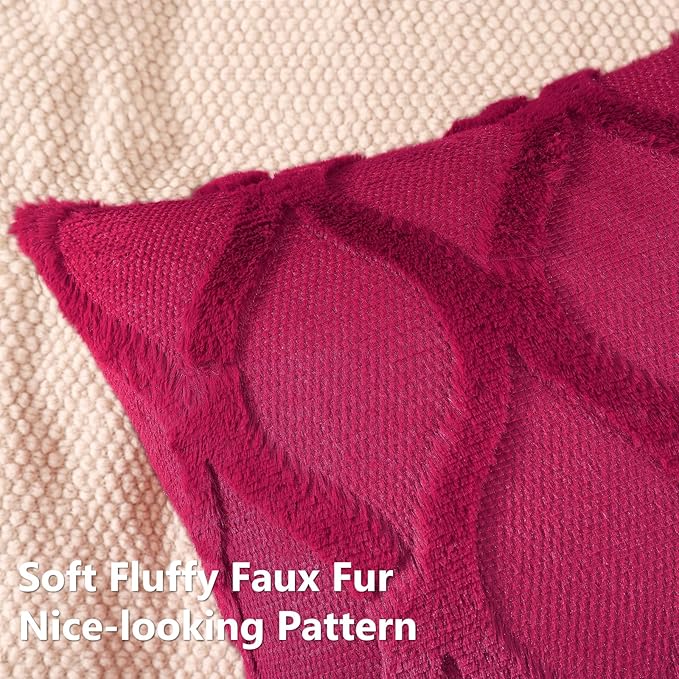 decorUhome Spring Throw Pillow Covers 18x18 Inch Set of 2, Soft Plush Faux Fur Wool Burgundy Couch Pillow Covers, Decorative Neutral Pillow Cases for Bed Sofa Living Room Home Decor