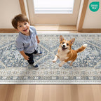 3x8 Runner Rug Non Slip Washable for Entryway, Front Porch, Vintage Hallway Runner for Laundry Room, Bedroom, Stain Resistant Thin Indoor Kitchen Mats for Floor(Blue/Beige,3'x8')
