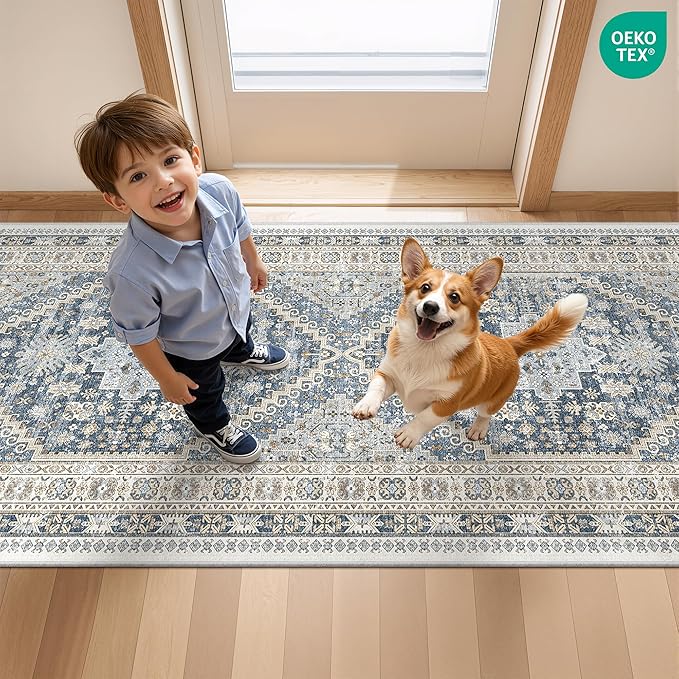 Hallway Runner Rug 2x12, Extra Long Washable Runner Rugs with Rubber Backing, Non Slip Runner, Vintage Rug Runners for Kitchen Laundry Room Entryway (Blue/Beige,2'x12')