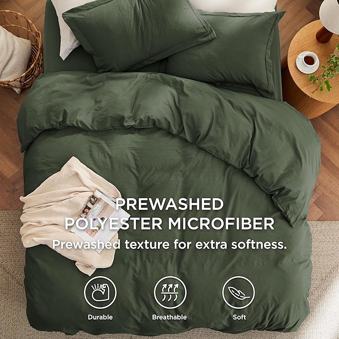 Bedsure Duvet Cover King Size with Fitted Sheet - 4 Pieces Prewashed Cotton-Like Polyester Extra Soft Bedding Set, Includes 1 Duvet Cover 104x90 Inches, 2 Pillow Shams, 1 Fitted Sheet, Olive Green