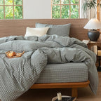 MooMee Gingham Duvet Cover Set 100% Washed Cotton Linen Like Textured Breathable Durable Soft Comfy Modern Checkered Design (Mini Gingham Forest Green, Twin 68"x90")