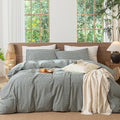 MooMee Gingham Duvet Cover Set 100% Washed Cotton Linen Like Textured Breathable Durable Soft Comfy Modern Checkered Design (Mini Gingham Forest Green, King 104"x90")