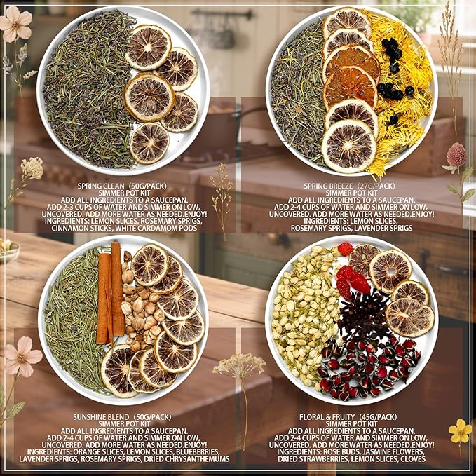 4 Set Spring Clean Potpourri Bags Stovetop Simmering Mix Potpourri Instruction and Sticker Floral Fruity Cinnamon Natural Air Freshener Sachet for Party Craft DIY Gift Housewarming Hostess