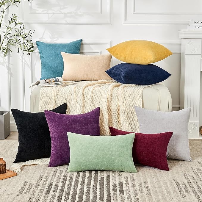 GAWAMAY Decorative Square Throw Pillow Covers 22"x22" Inch Set of 2, Super Soft Chenille Pillows Farmhouse Fall Pillowcase for Living Room Bedroom Sofa Couch Cushion Cover Black 55x55cm (No Insert)