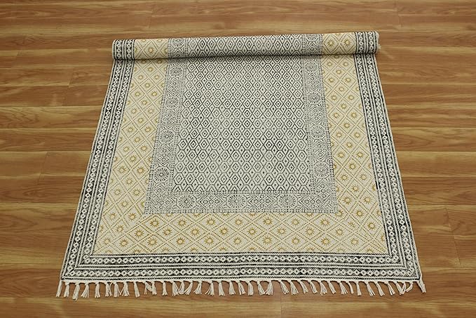 Kilim Rug 2x3 Area Rug Beige & Black Cotton Dhurrie Oriental Thick 0.19 inches Stone Easy Washable Rug Hand Wash Cotton Carpet Flatweave Rug Indoor Outdoor Rugs for Kitchen, Bedside, Enterway