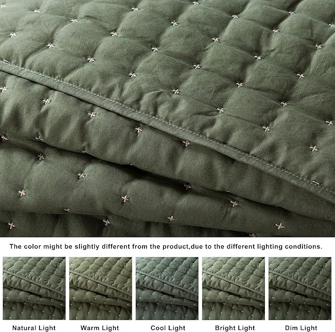 WDCOZY King Size Quilt Bedding Sets with 2 Pillow Shams, Lightweight Soft Bedspread Coverlet, Quilted Blanket Thin Comforter Bed Cover for All Season, 3 Pieces, 104x90 inches, Moss Green