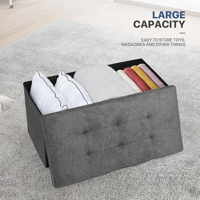 MoNiBloom 30 Inches Storage Ottoman Bench, Rectangle End of Bed Bench, Storage Padded Seat, Linen Fabric Ottoman Footrest for Living Room, Bedroom, Entryway, Dark Gray