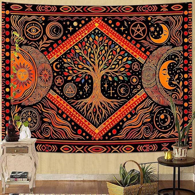 Lunerfex Tree of Life Sun Moon Stars Wall Tapestry, Cosmic Harmony Symbol Tapestries for Home Decor, Mystical Tapestry 80x60 Inch
