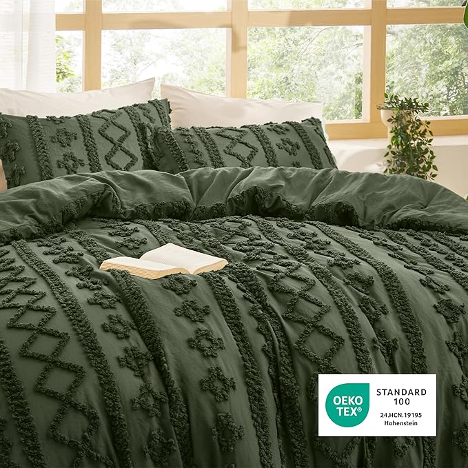 Bedsure Tufted Boho Comforter Set Oversized King - Olive Green Boho Bed Set, GentleSoft™ 3 Pieces Farmhouse Shabby Chic Embroidery Bedding, Gifts for Woman, Soft Jacquard Comforter for All Seasons