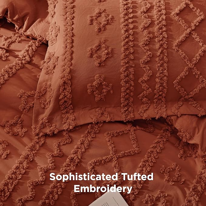Bedsure Tufted Boho Comforter Set California King - Terracotta Boho Bed Set, GentleSoft™ 3 Pieces Farmhouse Shabby Chic Embroidery Bedding, Gifts for Woman, Soft Jacquard Comforter for All Seasons
