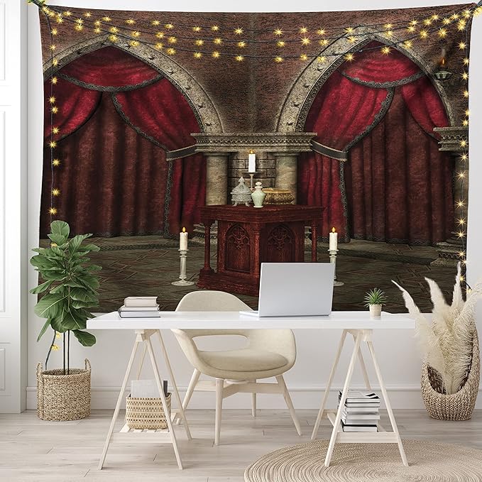 Ambesonne Gothic Tapestry, Mysterious Dark Room in Castle Pillars Candles Atmosphere Pattern, Wide Wall Hanging for Bedroom Living Room Dorm, 80" X 60", Red Black