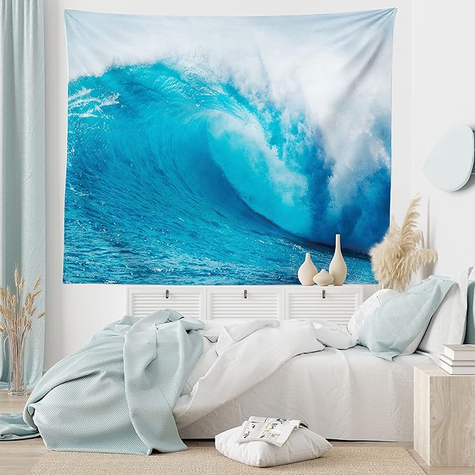 Ambesonne Ocean Tapestry, Wavy Ocean Adventurous Surfing Extreme Water Sports Summer Holiday Destination Print, Fabric Wall Hanging Decor for Bedroom Living Room Dorm, 30" X 45", Aqua White