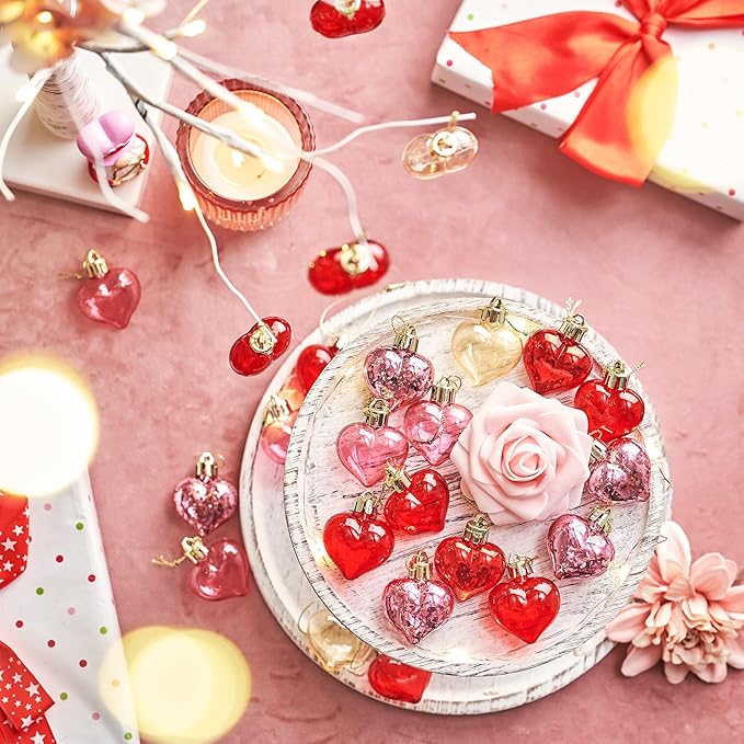 Valery Madelyn 25Pcs Valentine's Day Heart Shaped Ornaments Gift Pack, Christmas Craft Heart Decorations, Clear Transparent Red Pink Gold Christmas Baubles Hanging Party Wedding Decor