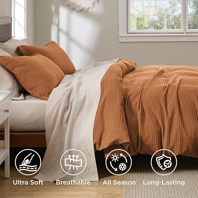 Bedsure Luxury Waffle Duvet Cover King Size - Textured Duvet Cover Set, Soft, Breathable Bedding Set (104"x90") with 2 Pillow Shams for All Season, Caramel Cafe, Comforter Not Included