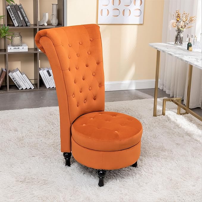 Royal High-Back Velvet Accent Chair for Vanity with Storage and Luxurious Upholstery, Retro Design and Versatile Usage for Livingroom, Bedroom, Lounge and Office, Red Orange