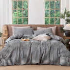 MooMee Gingham Duvet Cover Set 100% Washed Cotton Linen Like Textured Breathable Durable Soft Comfy Modern Checkered Design (Black White Gingham, Twin 68"x90")