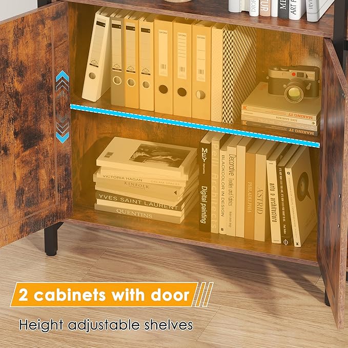 Semoic 6-tire Farmhouse Corner Book Shelf with 2 Barn Doors and 10 Storage Shelves, 71.3" Tall Convertible Etagere Bookcase with Storage Cabinet, Large L Shaped Bookshelf for Living Room(Rustic Brown)