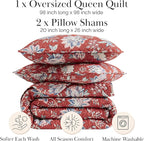 Southshore Fine Living, Inc. Oversized Full/Queen Quilt Bedding Set, Jacobean Willow Floral Quilt Set Queen or Full Size with 2 Matching Pillow Shams, Lightweight Bedspread, Soft and Cozy, Red