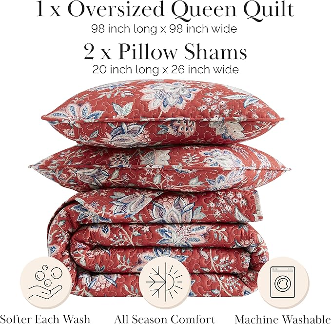 Southshore Fine Living, Inc. Oversized Full/Queen Quilt Bedding Set, Jacobean Willow Floral Quilt Set Queen or Full Size with 2 Matching Pillow Shams, Lightweight Bedspread, Soft and Cozy, Red