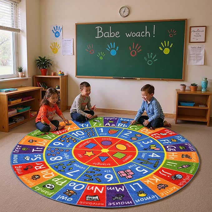 KC Cubs 3x3 ABC Alphabet, Numbers & Shapes Rug – Educational Non-Slip Play Mat Carpet for Kids, Toddlers, Nursery, Classroom, Playroom, Baby Daycare (Round)