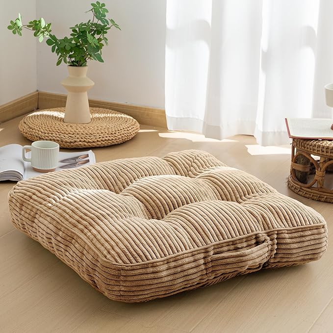 HIGOGOGO Washable Floor Pillow Cushion for Adults, Meditation Cushion Pillow, Large Square Floor Sitting, Removable Tufted Corduroy Cover, for Tatami Living Room or Yoga, 22x22 Inch, Machine Washable
