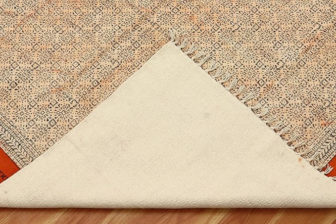 Area Rug 6' Square Rug Bronze & Black Cotton Dhurrie Oriental Thick 0.19 inches Stone Easy Washable Rug Hand Wash Cotton Carpet Flatweave Rug Indoor Outdoor Rugs for Hall Room, Dining Room