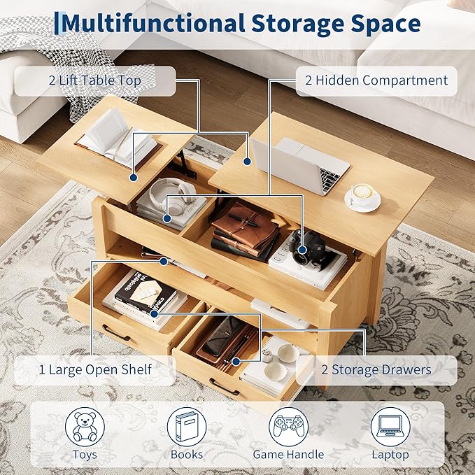 IDEALHOUSE 47.2" Coffee Table with Storage, Multi-Function Lift Top Coffee Table with Wooden Lift Tabletop, 2 Drawers and Hidden Compartment, Central Table for Living Room Home Office, Natural