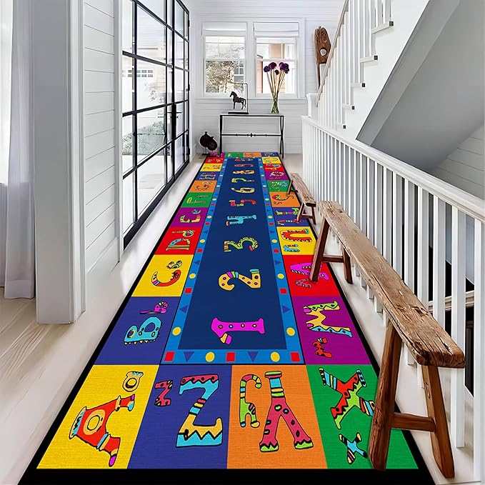 Cartoon ABC Alphabet Runner Rug, 4x12ft, Circus Colorful Number Printing Kids Rugs, Absorbent Breathable Washable Carpet, No Crease Soft Cozy Floor Mat for Indoor Nursery Bedroom