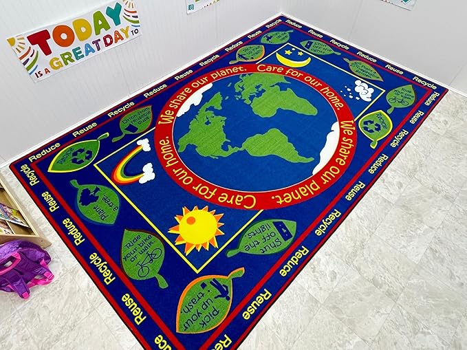 KIDCARPET.COM Earth Educational Rectangle Classroom Rug | Bordered Area Rug for Preschool Daycare Learning, 6' x 8'6"