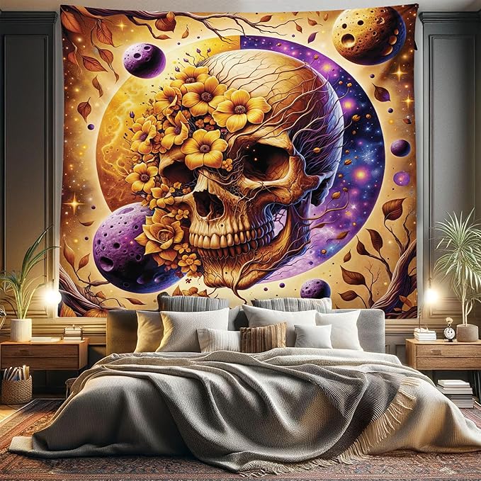 Ambesonne Trippy Tapestry King Size, Neo Traditional Floral Ornate Skull with Earthy Leaves Space Scenario, Wall Hanging Bedspread Bed Cover Wall Decor, 104" X 88", Apricot Blue Violet Taupe