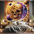 Ambesonne Trippy Tapestry King Size, Neo Traditional Floral Ornate Skull with Earthy Leaves Space Scenario, Wall Hanging Bedspread Bed Cover Wall Decor, 104" X 88", Apricot Blue Violet Taupe
