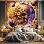 Ambesonne Trippy Tapestry King Size, Neo Traditional Floral Ornate Skull with Earthy Leaves Space Scenario, Wall Hanging Bedspread Bed Cover Wall Decor, 104" X 88", Apricot Blue Violet Taupe