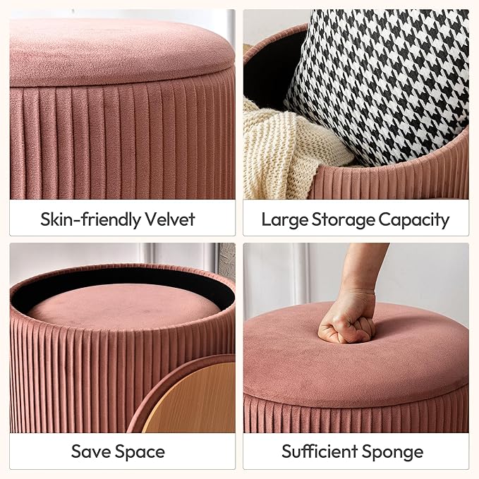 Ottoman with Storage Set of 2, Velvet Round Storage Ottoman, Upholstered Sponge Vanity Stool Support 300lbs, Multifunctional Coffee Table Foot Rest Ottoman for Living Room Bedroom, Pink