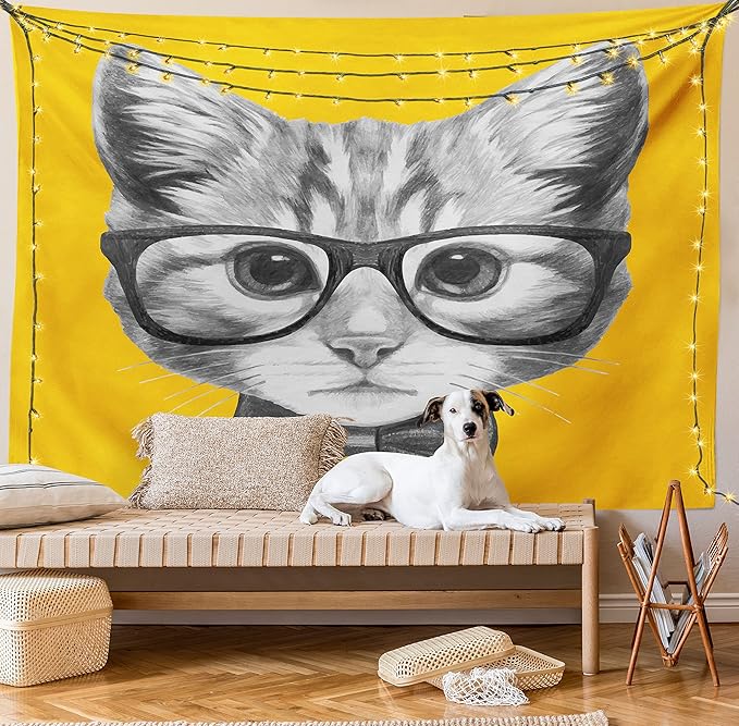 Ambesonne Animal Tapestry, Sketchy Hand Drawn Design Hipster Cat Kitten Glasses Image Print, Fabric Wall Hanging Decor for Bedroom Living Room Dorm, 45" X 30", Grey Mustard